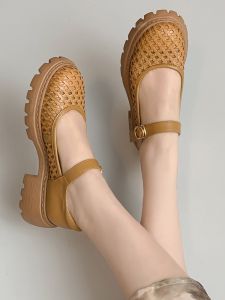 Soft Bottom Mary Jane Shoes Casual Breathable Thick Heel Sandals Womens Fashion Single Shoes Leather Woven Hollow out