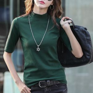 Spring and Summer 2024 New Half Sleeve Half Turtleneck Bottoming Shirt Womens Top Pure Cotton Black Silm Inner Wear Short-Sleeved T-shirt