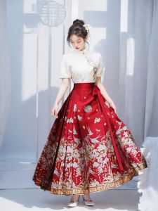 New Chinese Style Embroidered Hanfu Skirt Set Womens Summer plus Size Red Half-length A-Line Skirt Drinking Ceremony Outfit