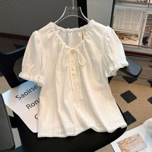 Áo Thun Nữ Tay Bồng Cổ Chữ V Thắt Nơ Họa Tiết Hoa Mùa Hè Mới Về Chất Liệu Polyester Dáng Rộng Thường Ngày