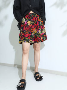 Miccbeirn | Casual Silk Power Spin Vintage Printed Shorts Artistic Silken Draping Slimming Straight Leg Wide Leg Pants High Waist Elastic Waistband