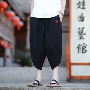 Quần Ống Rộng Phong Cách Harajuku Thêu Vải Lanh Mới Cho Nam Quần Short Mùa Hè Rộng Rãi Thoải Mái Phong Cách Trung Hoa