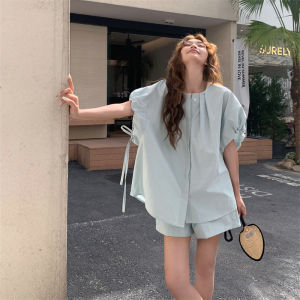 Elegant Blue Shirt Shorts Set Womens Summer 2025 New Small Size Two Piece Slimming Trendy Casual Style round Neck Button up