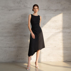 PIAOYA | White Sleeveless Waist Accentuated Asymmetrical Pleats French Style Dress