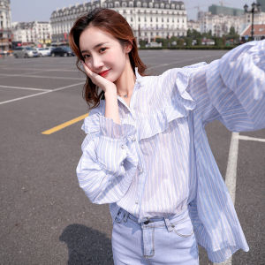 Spring 2025 Ulzzang Style Striped Long Sleeve Doll Shirt Korean Fashion Retro Hong Kong Flavor Womens Top Straight Cut Fit