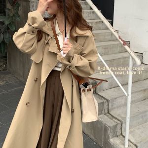 Elegant Loose Womens Windbreaker Double-Row Button Versatile Outerwear Korean Style Polyester Fiber High Waist Design