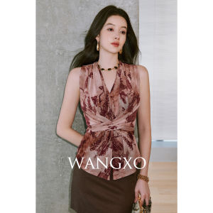 WANGXO | Áo Thun Không T Tay Cao Cổ Phom Dài Chất Liệu Velvet Mesh Kiểu Cinch Waist