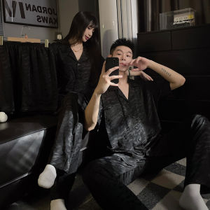 Couples Summer Bamboo Ice Silk Thin Short Sleeve Sleepwear Two-Piece Set Comfortable Breathable Home Clothes for Youth