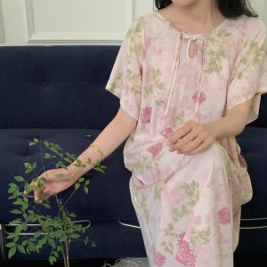 2024 New Chinese Style Artificial Cotton Nightdress Thin Summer Womens Improved Cheongsam Dress Loose National Style Pajamas Can Be Outwear