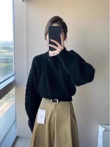 WANGGONGZHU | Black Short Knitted Bear Fur Sweater Womens Autumn Winter Comfortable Lazy Style Overhead Round Neck Long Sleeve Knitwear