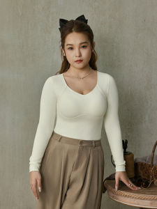 Thermal Insulation Underwear with Chest Pad Slimming and Heat Generation V-Neck Long Sleeve Top