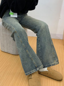 American Style High Waist Extended Flared Denim Jeans Women Slim Fit Hammered Retro Bell Bottoms Fashionable Floor Length