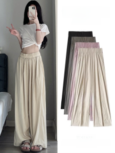 Beige Wide Leg Pants Womens Spring Autumn Thin High Waist Drape Loose Pleated Cotton Linen Casual Long Trousers