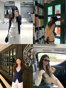 Slim Fit Low Neck Knitted Cardigan Womens Style Spring Sweater Huang Zhi Zhi ZZPalette Soft Easy to Match Dark Blue Knitwear