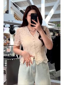 French Style Slimming Lace Shirt Short Sleeve Womens plus Size Casual High Waist V-Neck Top for Summer Fashion Elegant