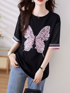 September Stray Ink Butterfly Print Beaded T-Shirt Womens Fashion plus Size Summer New Top round Neck Short Sleeve Casual Wear