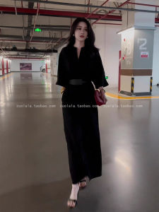 French Hepburn Style Black V-neck Dress Womens Autumn plus Size Slimming A-line Long Dress High Waist Warm Long Sleeve Shirt Dress