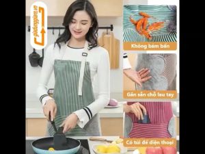 Tạp dề nấu ăn có khăn lau tay bên hông tạp giề kẻ hoa chống thấm nước thiết kế đơn giản tuyệt đẹp