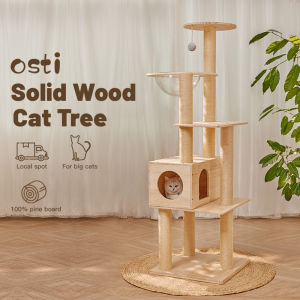 Osti Luxury Modern Real Wood Cat Tree Tower Wooden Cat Tree All in One Solid Wood Activity Center with House Scratching Post & Space Capsule Cat Condo for Indoor Cats