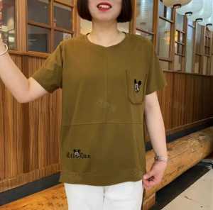 Fashionable Large Size Embroidered Short Sleeve T-Shirt for Women Stylish Moms Summer Loose Slimming Thin Cotton Wool Cloth Crewneck