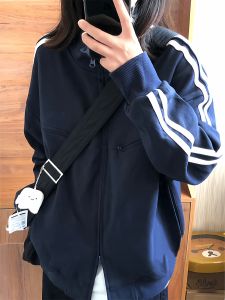 Loose Fit American Retro Zipper Sweatshirt Womens Cardigan Spring Autumn Casual Sports Couples Patchwork Outerwear