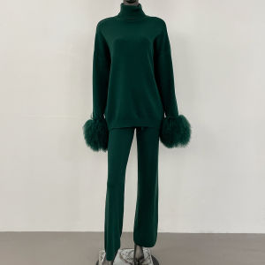 Knitted Suit Womens Sweater Set with Real Mongolian Sheep Fur Cuffs High Quality Wool & Blend Knitted Pullover and Pants 2025