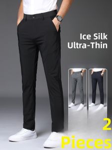 ROMON | Lormen Mens Casual Pants Summer Ice Silk Thin Quick Dry High Elasticity Suit Pants Slim Straight Business Long Trousers
