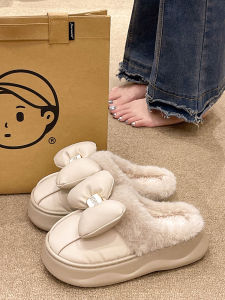 Down Cloth Waterproof Cotton Slippers Womens Winter Cute Bows Fleece-lined Heattech Interior Home Non Slip Platform Slippers