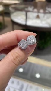 Pretty Beauty Moissanite Stud Earrings for Women S925 Silver 1CT Princess Cut Square Double Halo Diamond Hypoallergenic Jewelry