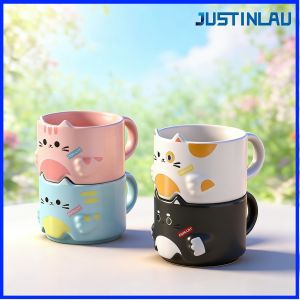 JUSTINLAU 320ML Cat Coffee Mug Ceramics Stackable Cat Shaped Mug Teacup Cute Cat Pattern Household Desktop Decorative Cup
