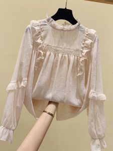 Chic Long Sleeve Womens Blouse Lantern Sleeve Chiffon Shirt Spring Autumn Trendy Brand Tag Removed Korean Style Straight Cut