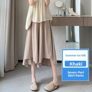 LANGPIN | High Waist Wide Leg Ice Silk Skirt Pants Womens Summer New Style Casual Drapey Streetwear Polyester Fiber Ladies Trousers