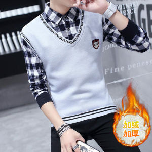 Autumn Winter Mens Fleece Lined Thickened Sweater Warm Shirt Trendy Long Sleeve Slim Fit Youthful Polyester Fiber Workwear