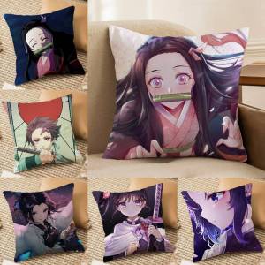 Bandai | Demon Slayer Kamado Nezuko Anime Plush Pillow Cover Soft Short Plush Cushion Cover For Sofa Bedroom Home Decor Gift Decoration