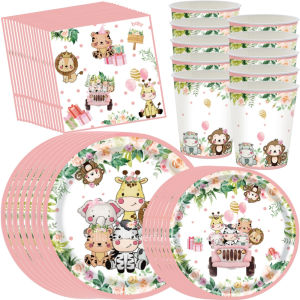 Jungle Safari Party Decorations Pink Animal Print Tableware Set Paper Cup Plate Napkins Baby Shower Kids Birthday Party Supplies