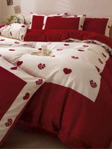 Elegant Cotton Wedding Bedding Set Red Pure Cotton Wedding Quilt Cover New Couple Bridal Gifts Bedding Four-Piece Suite
