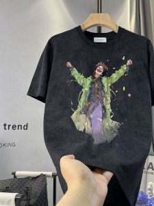 Retro American Washed Clown Print Short Sleeve T-Shirt Mens Summer Loose Heavyweight Casual Fashion Urban Style round Neck