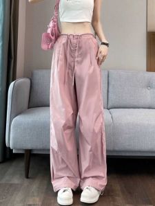 American Style Pink Work Pants Women Summer New Low Waist Quick Dry Nylon Drawstring Cuffed Slim Version Casual Trousers