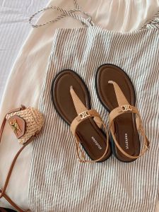 French Vintage Single Strap Sandals Womens Summer Skirt 2026 New Flat Roman Style Cross Toe Thong Slippers Casual Leather