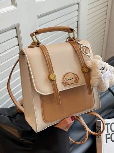 Korean Style Color Block Fashion Handbag Womens Backpack School Bag Cartoon Bear Crossbody Bag for Students Casual Purse
