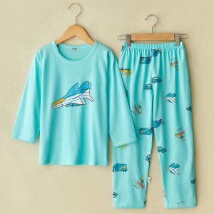 Childrens Bamboo Fiber Sleepwear Set Summer Thin Long Sleeve Pants Home Clothes Air Conditioner Suit Boys Girls Medium Large