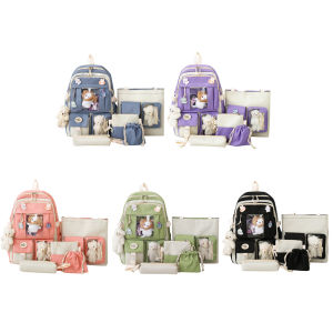 MOJOYCE Stylish Canvas Backpacks for Women 5pcs Set Kawaii School Bags Teens Girls Shoulder Bag for Daily and Travel
