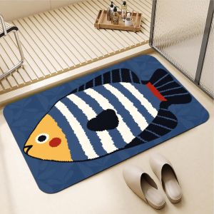 VIKAMA Cartoon Striped Fish Bath Mat Water Absorbent Anti Slip Cute Ocean Animal Bathroom Floor Rug Home Decor