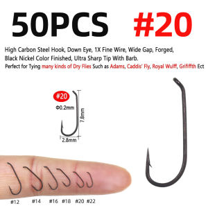 Bimoo 22# ~ 12# Down Eye Long Shank 1X Fine Wire Dry Fly Tying Hooks Black Nickel Finished Fly Fishing Hook Rainbow Trout