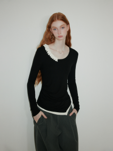 Redolence Slim Fit Long Sleeve Womens Top Inner Wear Asymmetrical Design Casual Style Autumn T-shirt round Neck Mid-Length