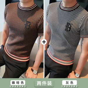Houndstooth round Neck Sweater Mens Autumn Fancy Short Sleeve Knitting Bottoming Shirt Silm Trendy British-Style Wool T-Shirt