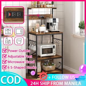 4 Layer Kitchen Storage Shelf With Power Wooden Outlet Microwave Rack Stand Multi-Functional Storage Organizers Coffee Station Storage Shelf With 6 S-Shaped Hooks X-Shaped Back Support Space Saver For Kitchen Dining Room Living Room
