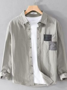 Mens Long Sleeve Casual Shirt Spring Autumn Trendy Pocket Outerwear Top Graze Pattern Square Collar Loose Fit Wear Resistant