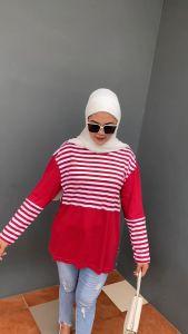 Atasan Wanita Kaos Longsleeve Aldira Kombinasi Katun Stripe Lengan Panjang Terbaru