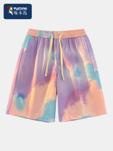 TUCANO Fashion Pink Gradient Mens Shorts Summer Thin Straight Leg Spray Ink American Style Casual Pants Breathable Polyester Fiber